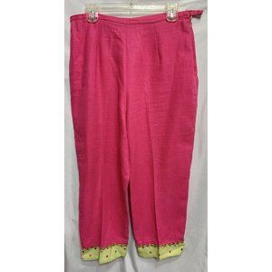 Taylor G Womens Pink Linen Capri Pants Large Wide Leg Polka Dot Floral Trim